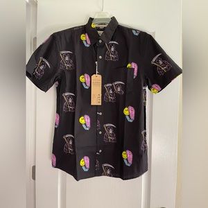 NWT VSTR Premium Mens Large Short Sleeve Black Printed Button-down Reaper Smiley